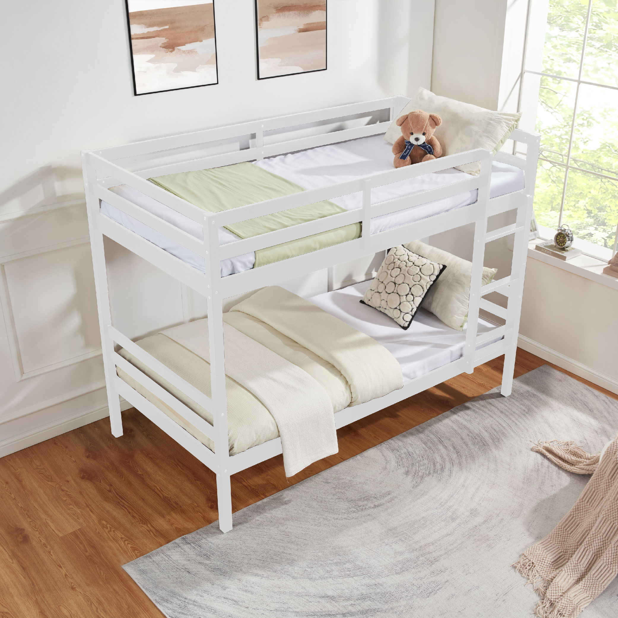 Twin over Twin Bunk Bed with Ladder,Wooden Bunk Bed with High Guardrail and Ladder for Kids, Teens, Dorm Rooms, and Guest Rooms,No Box Spring Needed,White